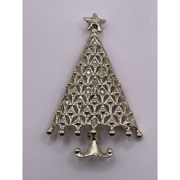 Vintage TANCER II Silver & Rhinestone Christmas Tree Brooch Pin Shiny Estate - Picture 2 of 6